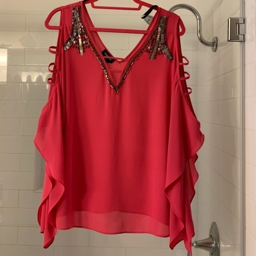 Pink Flowy Bebe Off-Shoulder Top